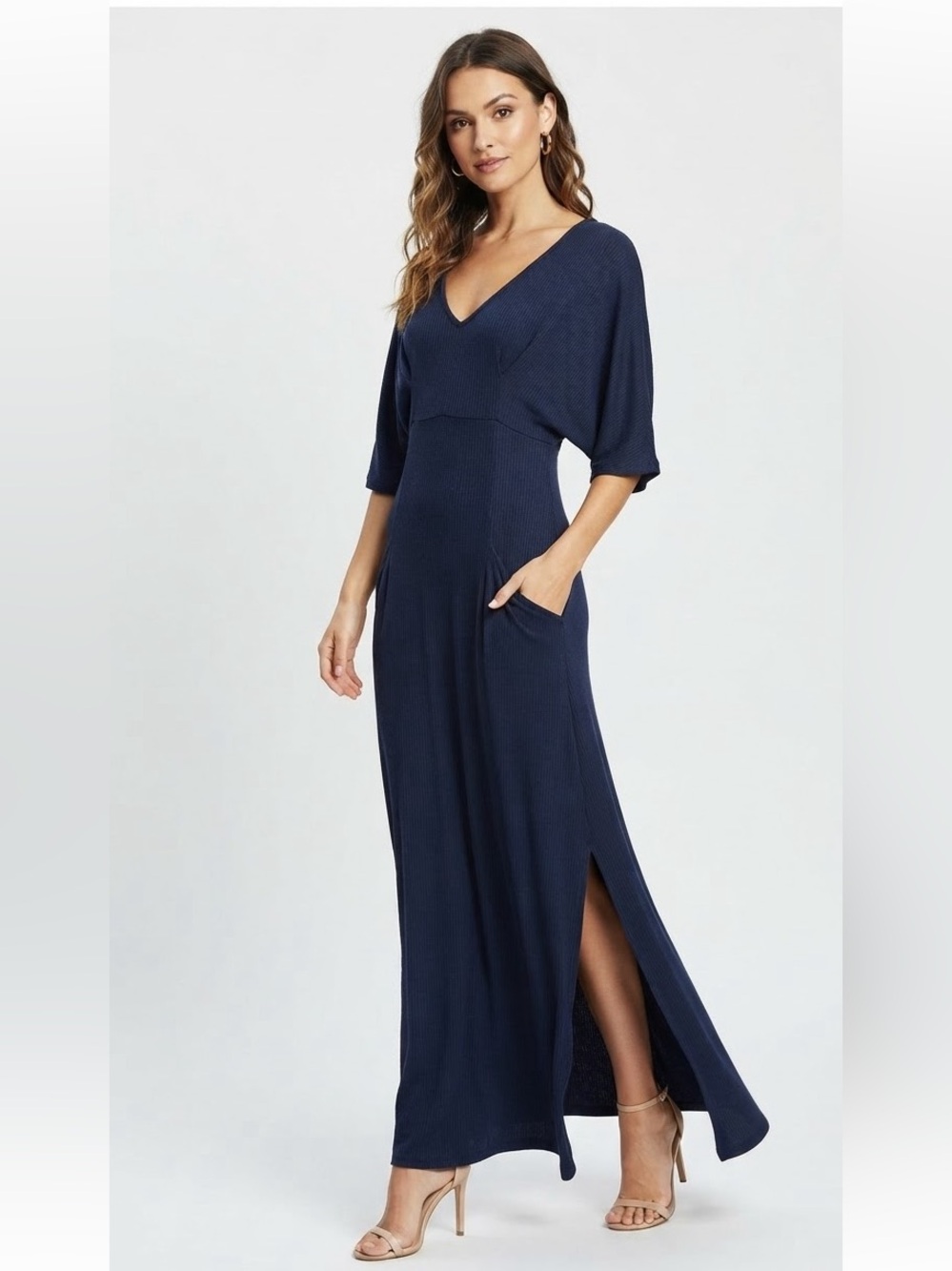 Baltic Born Blue Ribbed Maxi Dress Long Sleeve V-Neck Side Slit Size L